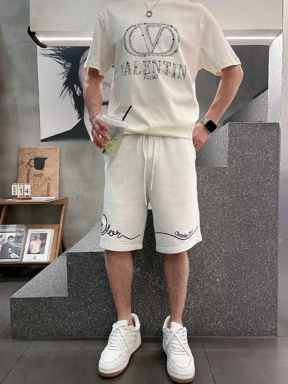 View 6 of White Knit Shorts Cotton Blend Casual Embroidered Script Short pants