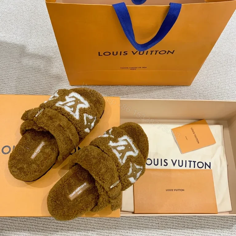View 4 of Plush LV Monogram Fur Slides â€“ All-Day Luxury Comfort