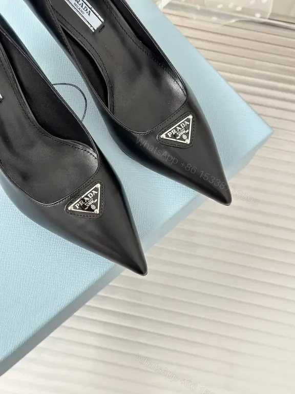View 6 of Prada Black Leather Pumps â€“ Signature Triangle Logo, Pointed Toe