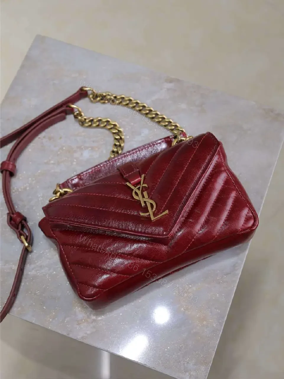 View 5 of Burgundy Quilted Crossbody Bag: Gold Hardware, Structured Style