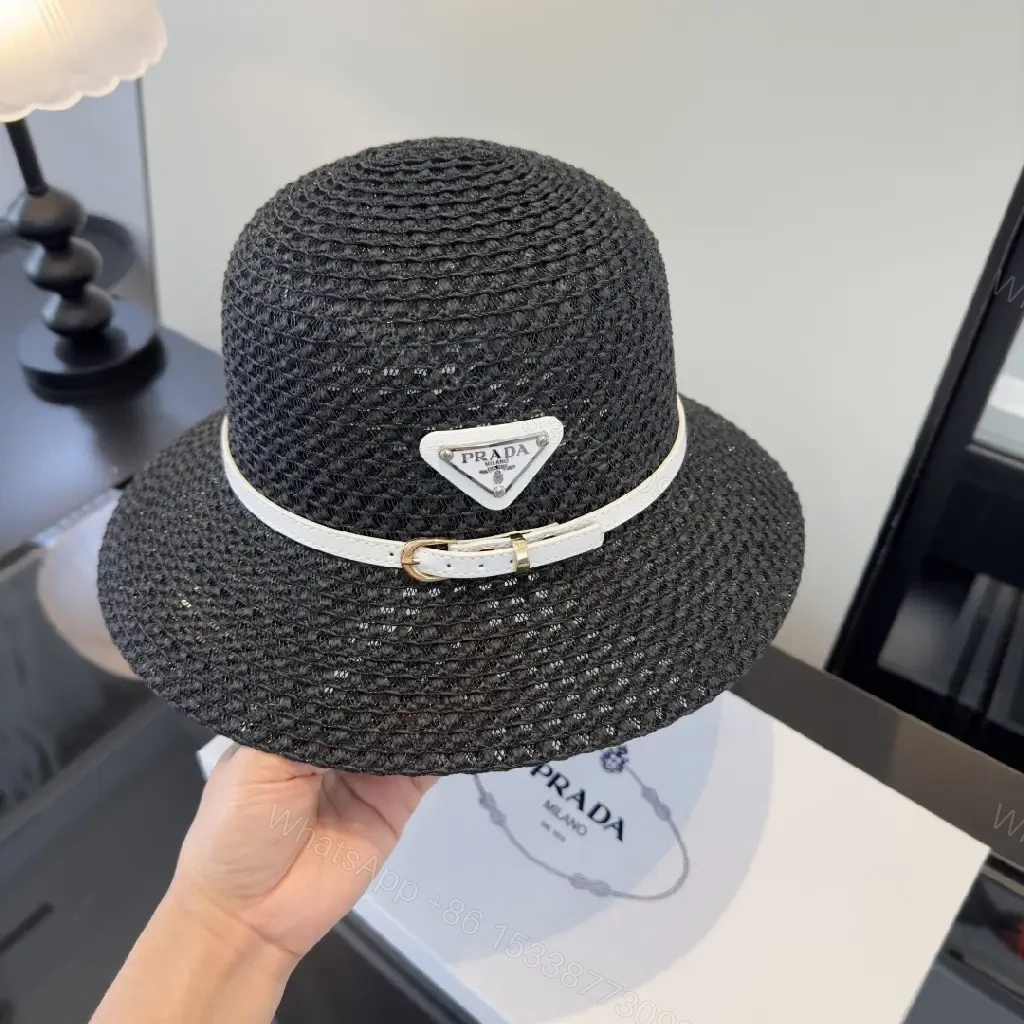 View 2 of Black Straw Weave Fedora Hat with White Band, Gold Hardware, Prada Logo
