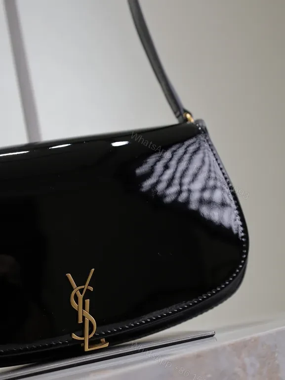 View 8 of Glossy Black Patent Crossbody Bag with YSL Hardware - Compact Luxury
