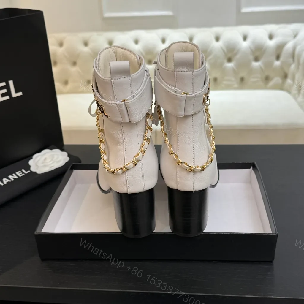 View 5 of White Leather Combat Boots with Gold Chain Detail