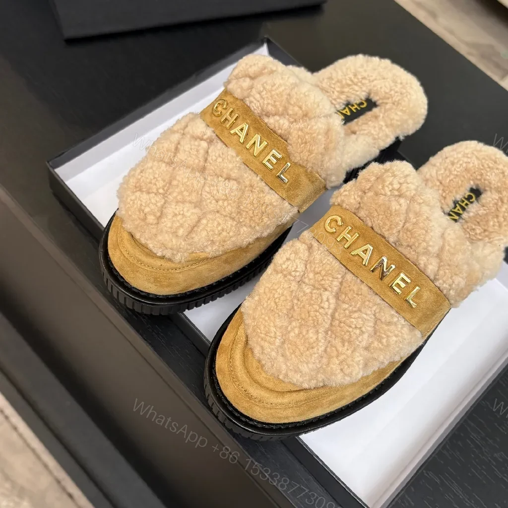 View 9 of Chic Shearling Mules: Gold Logo Slip-Ons, Camel Suede