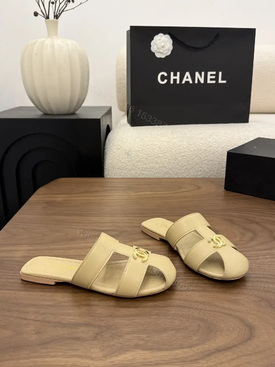 View 5 of Beige Leather Slide Sandals with Chanel Logo, Flat Heel