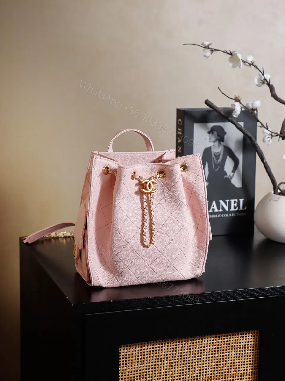 Soft Pink Quilted Bucket Bag with Gold Charm, Faux-Leather Bag — view 1