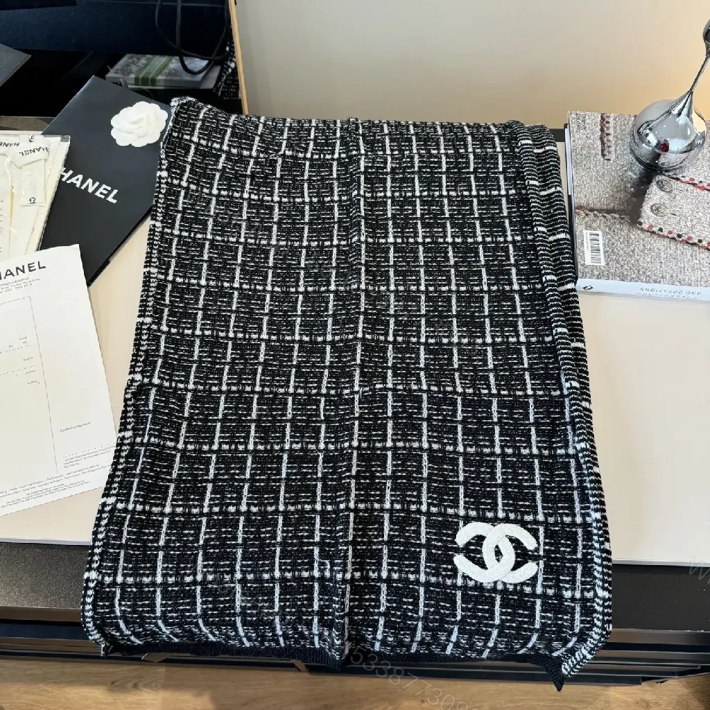 View 2 of Monochrome Knit Scarf-Wrap: Luxe Logo Detail, Grid Pattern