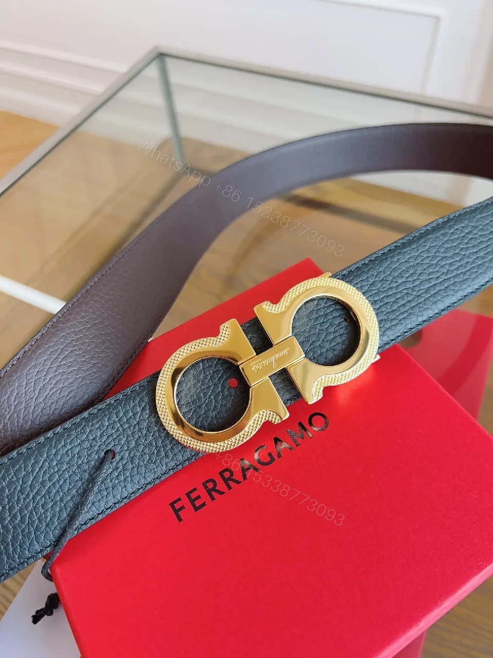 View 5 of Black Leather Belt with Gold Gancini Clasp, Luxe Classic Style, Adjustable