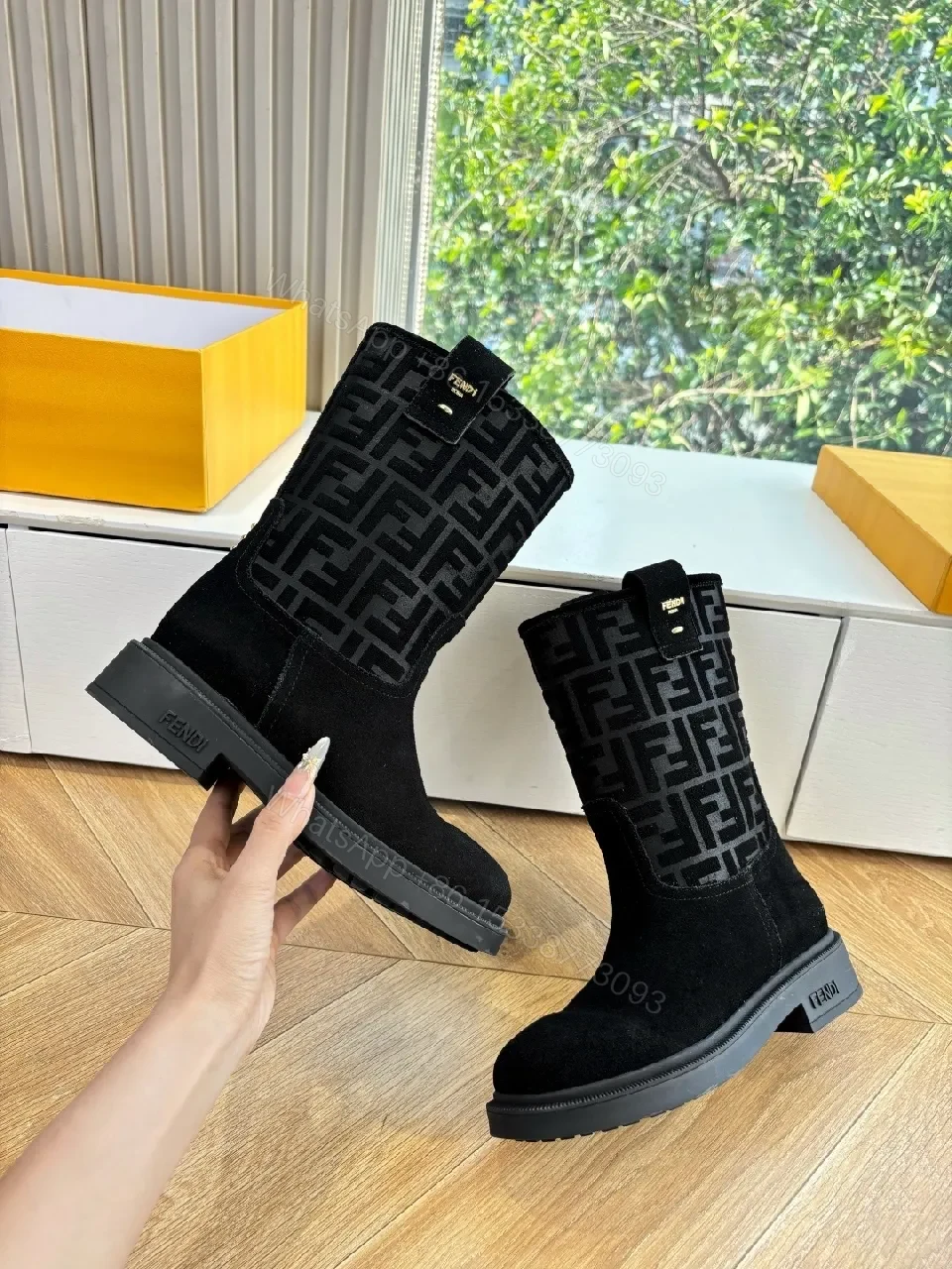 View 9 of Black Suede Boots with Monogram Pattern Mid-Calf Luxe Comfort