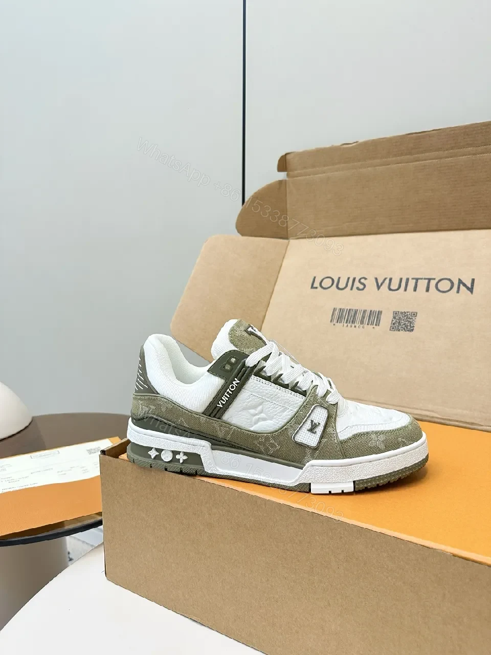View 6 of White & Olive Luxury Sneakers: Modern Texture, Subtle LV-Inspired Details