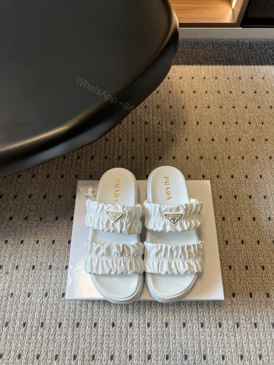 View 5 of White Leather Ruched Slide Sandals Prada Style Slide Sandals