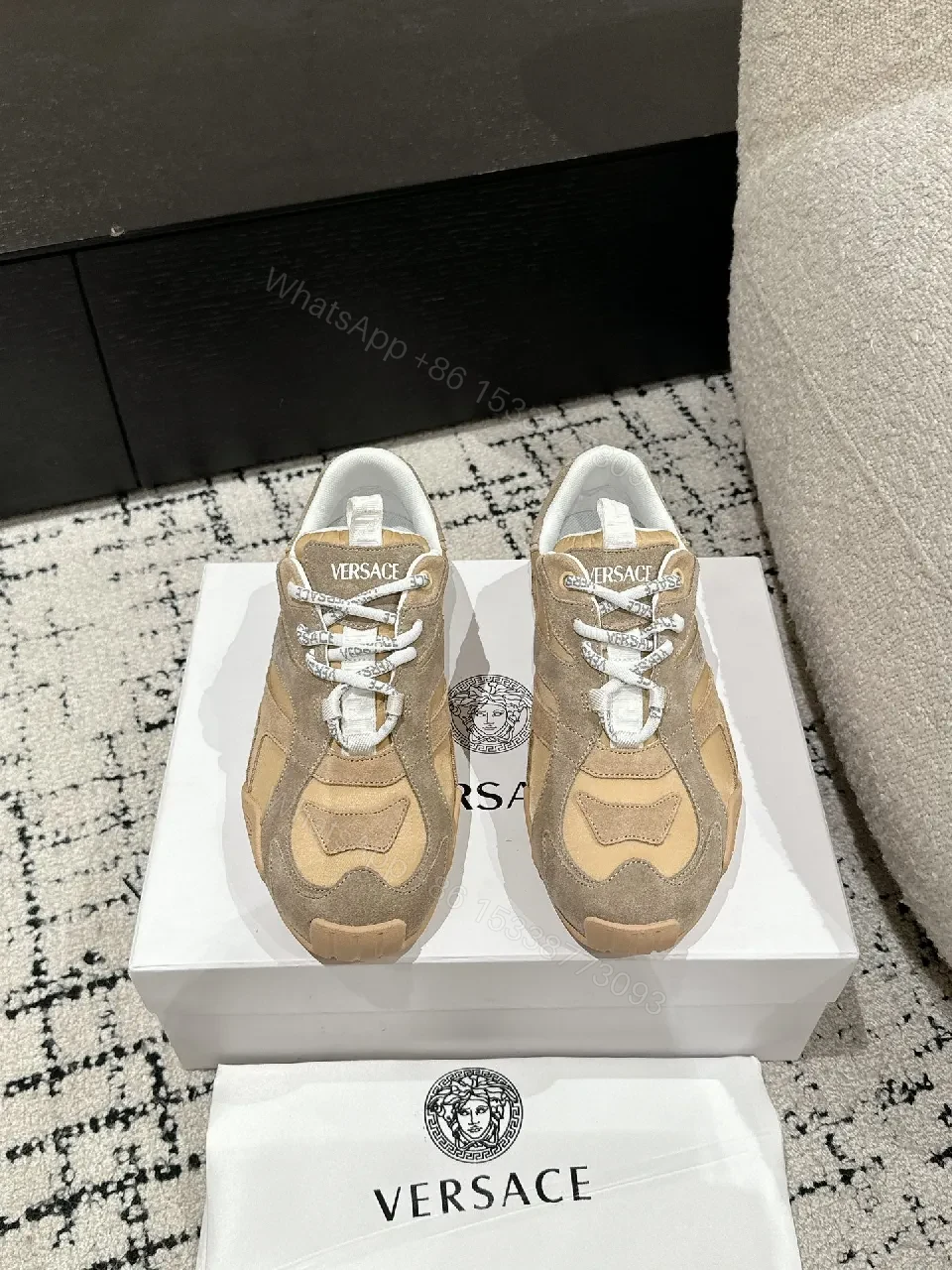 View 8 of Beige Suede-Mesh Low-Top Luxury Sneakers with Sculpted Details