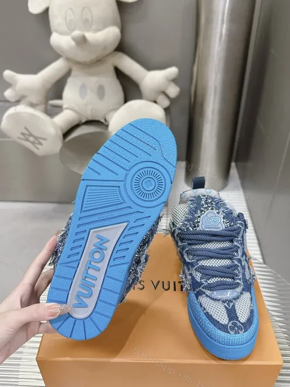 View 3 of Blue Denim-Textured LV-Style High-Tops: Luxe Streetwear Sneakers