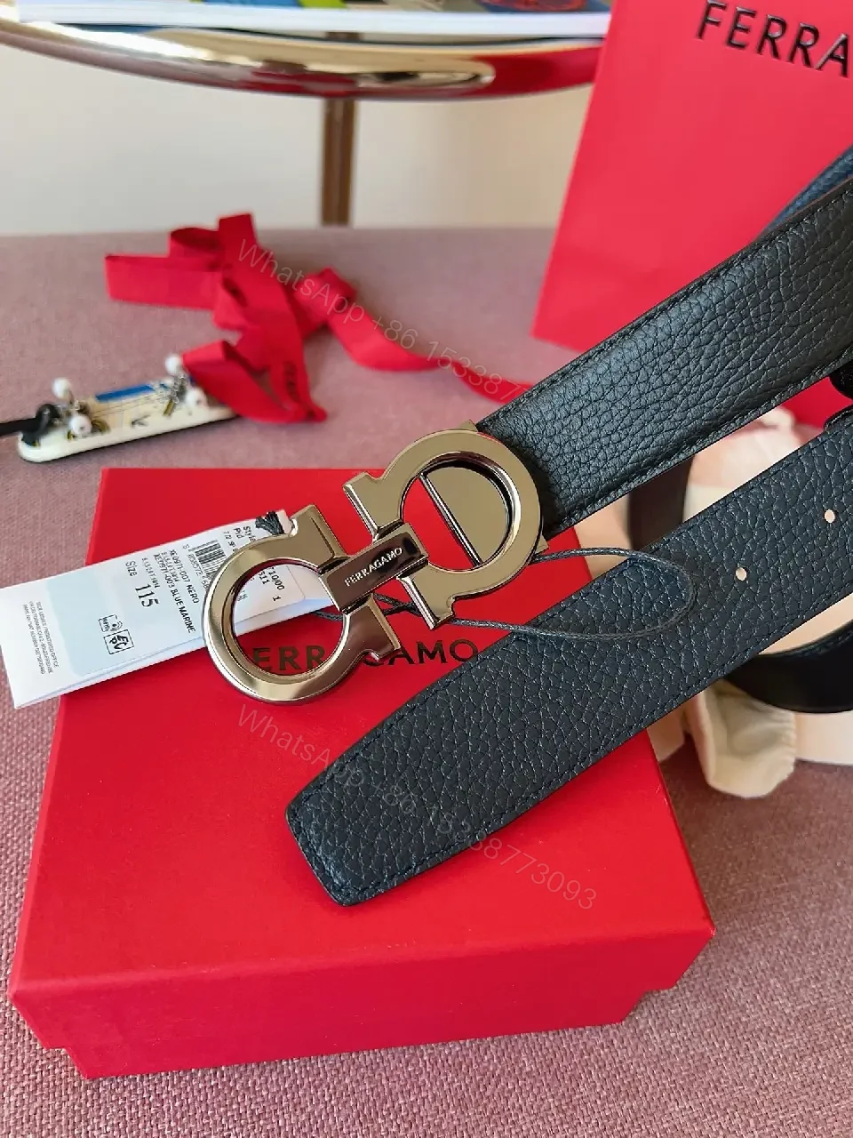 View 4 of Bold Leather Belt with Double-Gancini Hardware