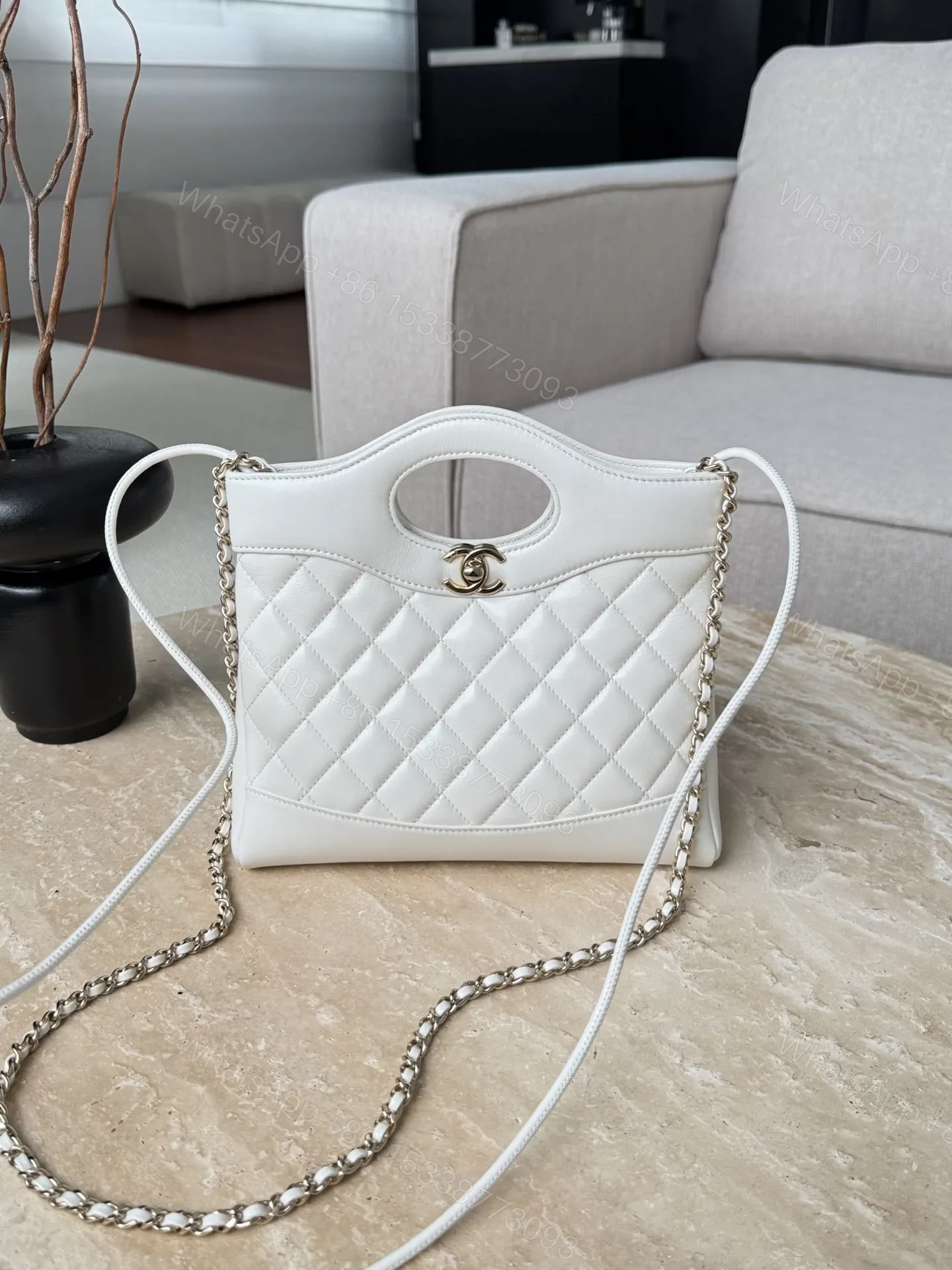 View 4 of Chanel Quilted Lambskin Shopping Bag In white