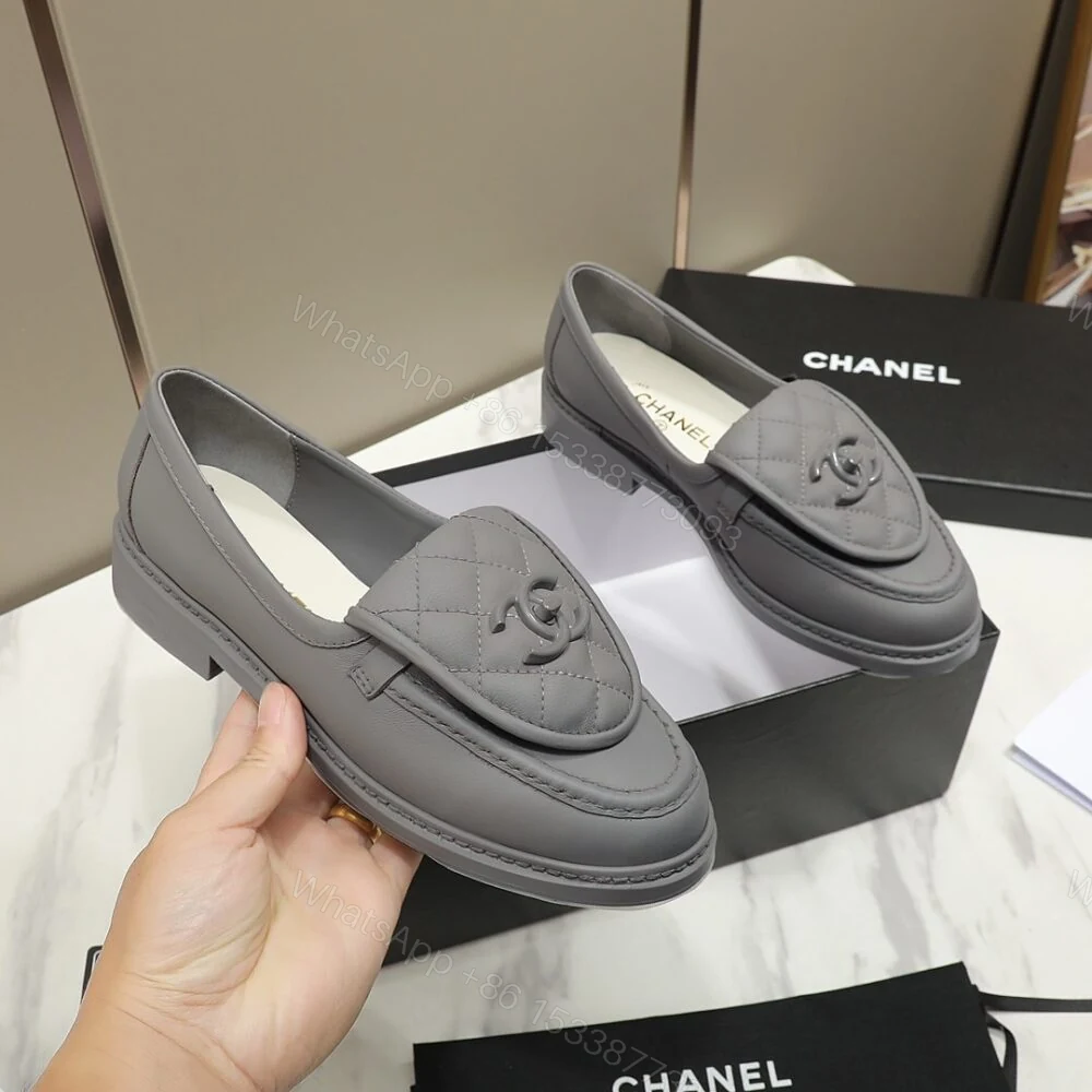 View 4 of Chanel CC Nib Turnlock Moccasins Flat Loafers Grey