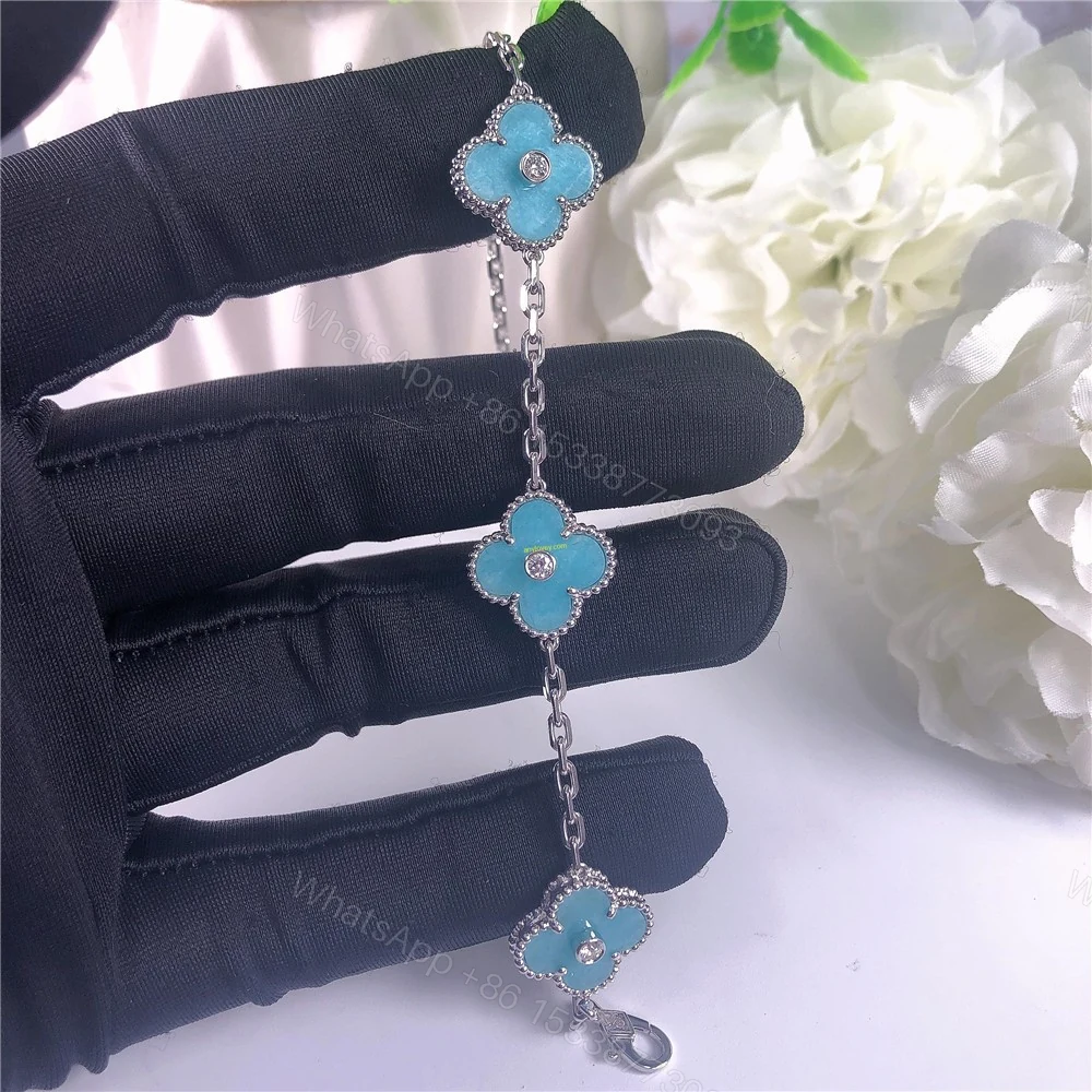 View 2 of VCA 18ct White Gold Vintage Alhambra Bracelet 5 motifs Blue Porcelain