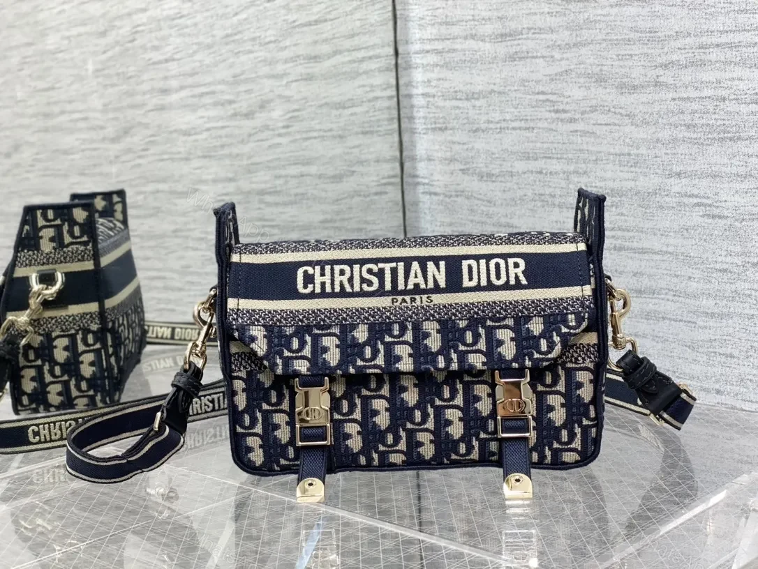 Navy-cream Jacquard Messenger Bag with Gold Hardware — view 1