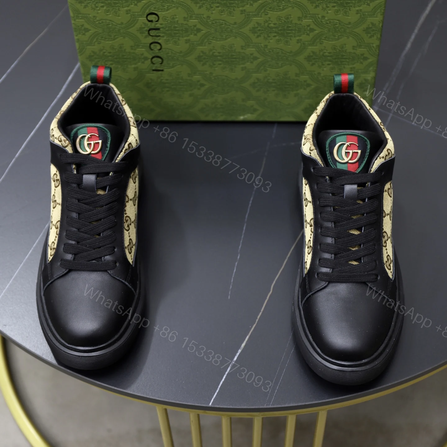 Gucci 高仿男士高筒鞋 GG老花拼黑皮 米黃潮流復刻款 — view 1