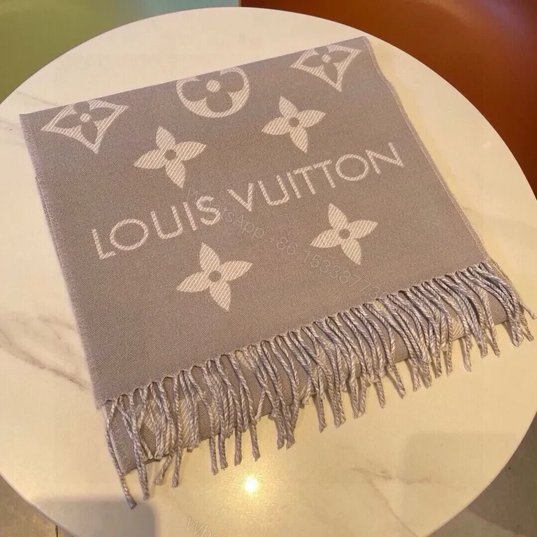 View 6 of Taupe Wool Luxury Scarf: Monogram Fringe Luxury Accessory