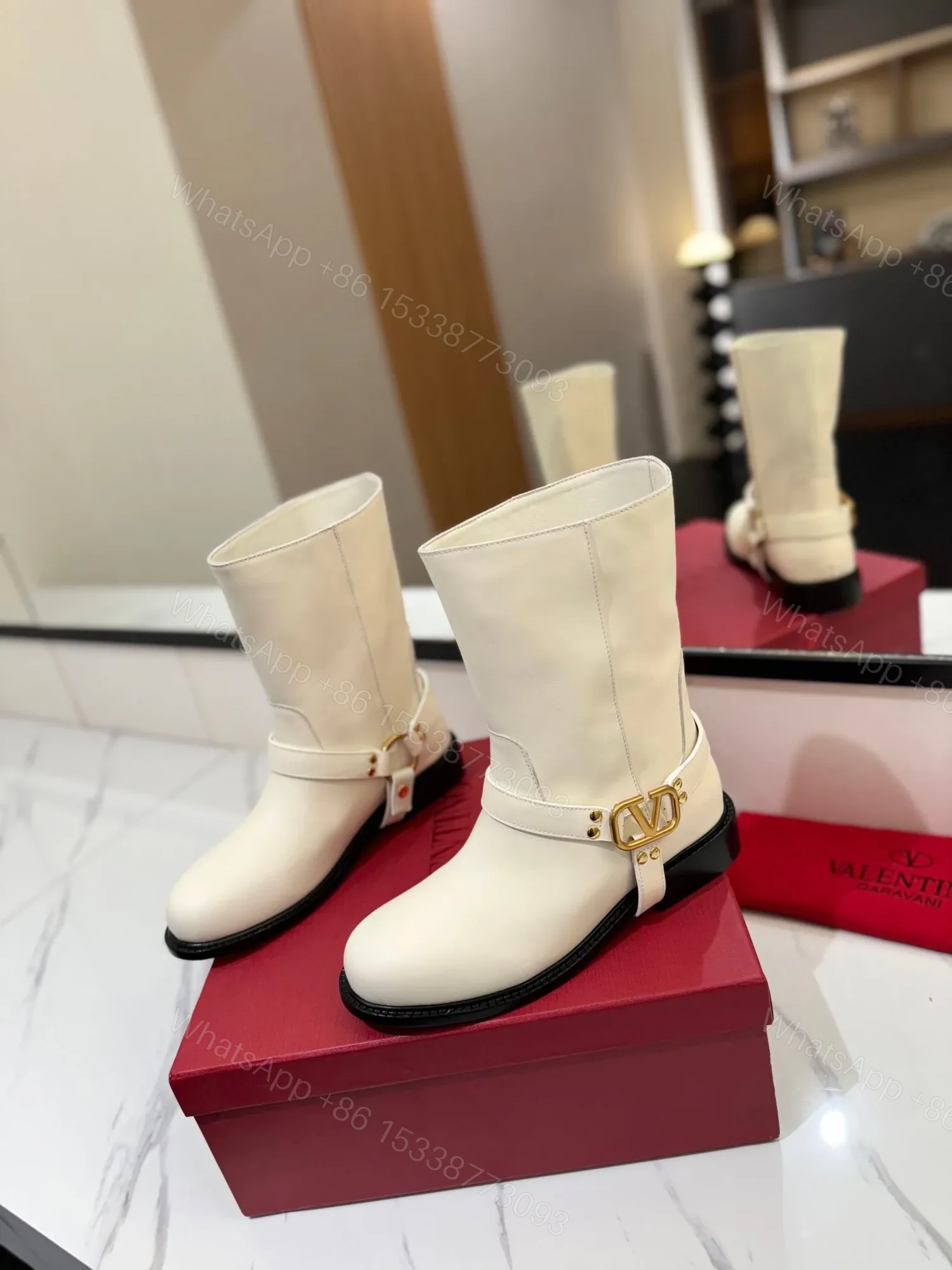 View 3 of Valentino Women White Leather Mid-Calf Boots