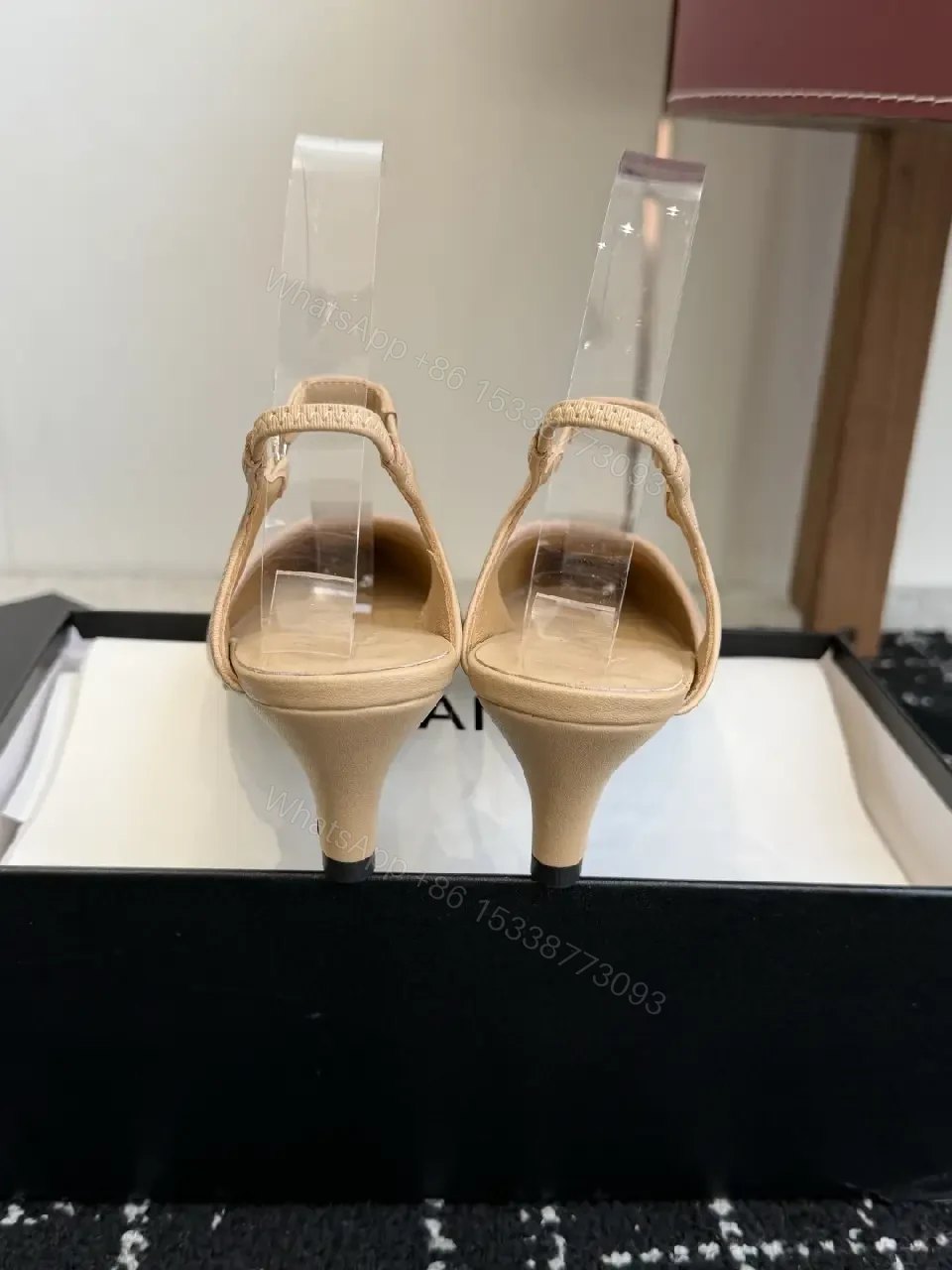 View 6 of Beige & Black Two-Tone Leather Slingback Pump with Chanel Logo