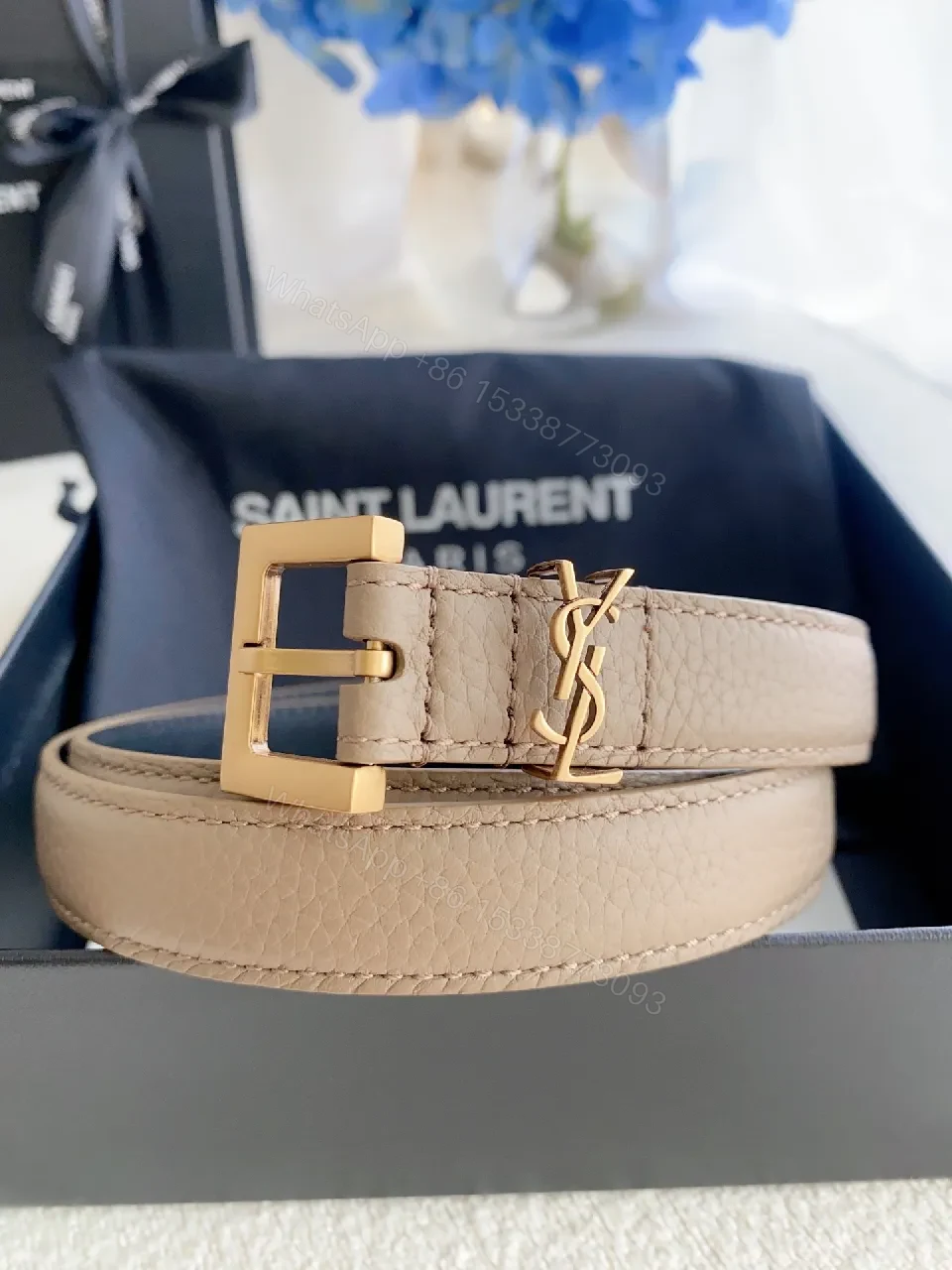 View 2 of Beige Leather Belt with Gold Hardware — Designer-Inspired Style