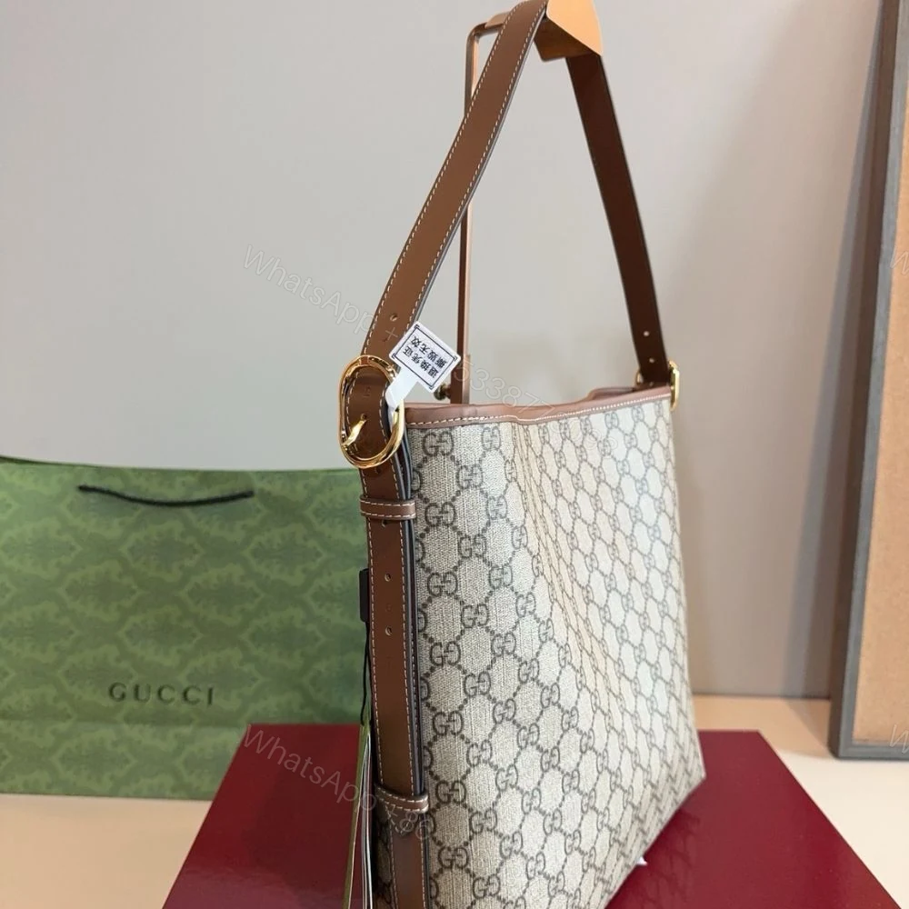 View 5 of Gucci GG Emblem Medium Bucket Bag Beige And Dark Brown Fabric 29Cm 815103 FAD6L 9758