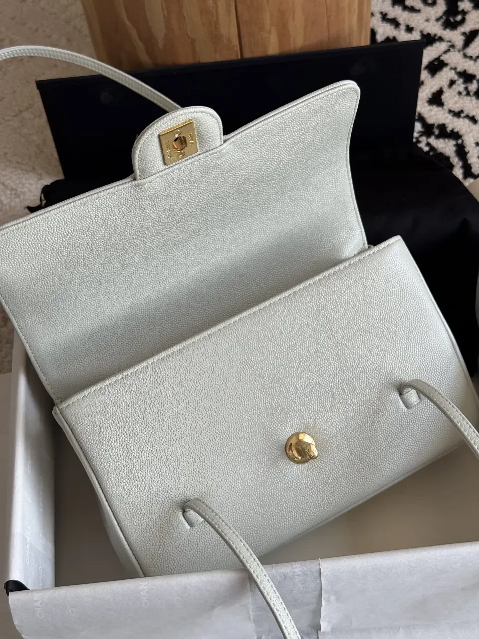 View 2 of Light Gray Pebbled Leather Structured Handbag with Gold Turn-Lock Clasp