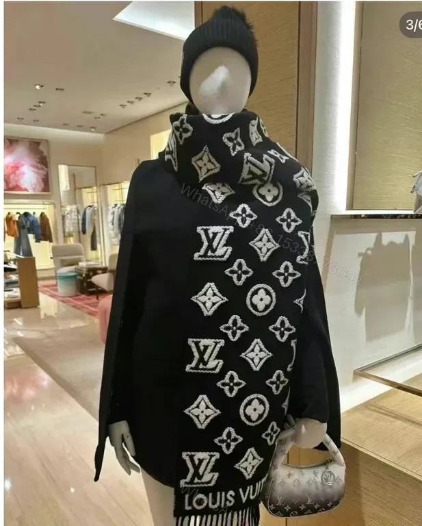 View 8 of Lux Black Knit Scarf: LV-Inspired Monogram, White Stitch, Fringed