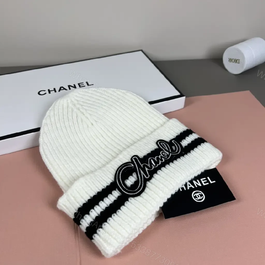 View 5 of Tan Knit Beanie Ribbed Knit Folded Cuff CHANEL Logo Embroidery Beanie