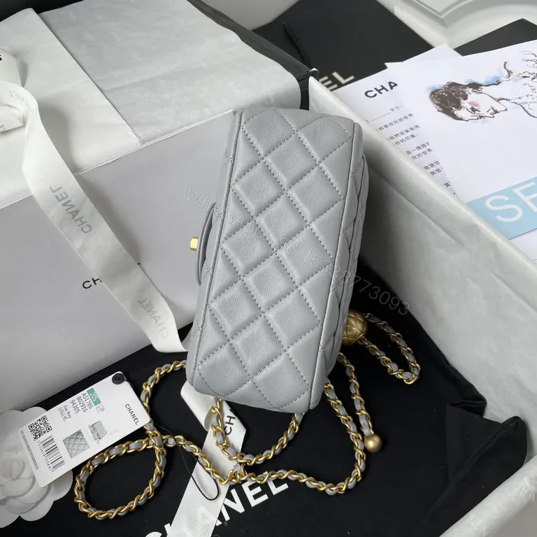 View 6 of Quilted Gray Crossbody: Gold Chain, Chanel-Style Elegance