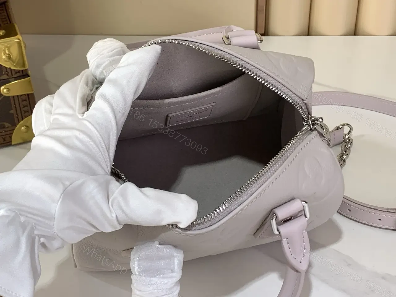 View 8 of Light Lavender Louis Vuitton-Style Dome Handbag with Chain Strap