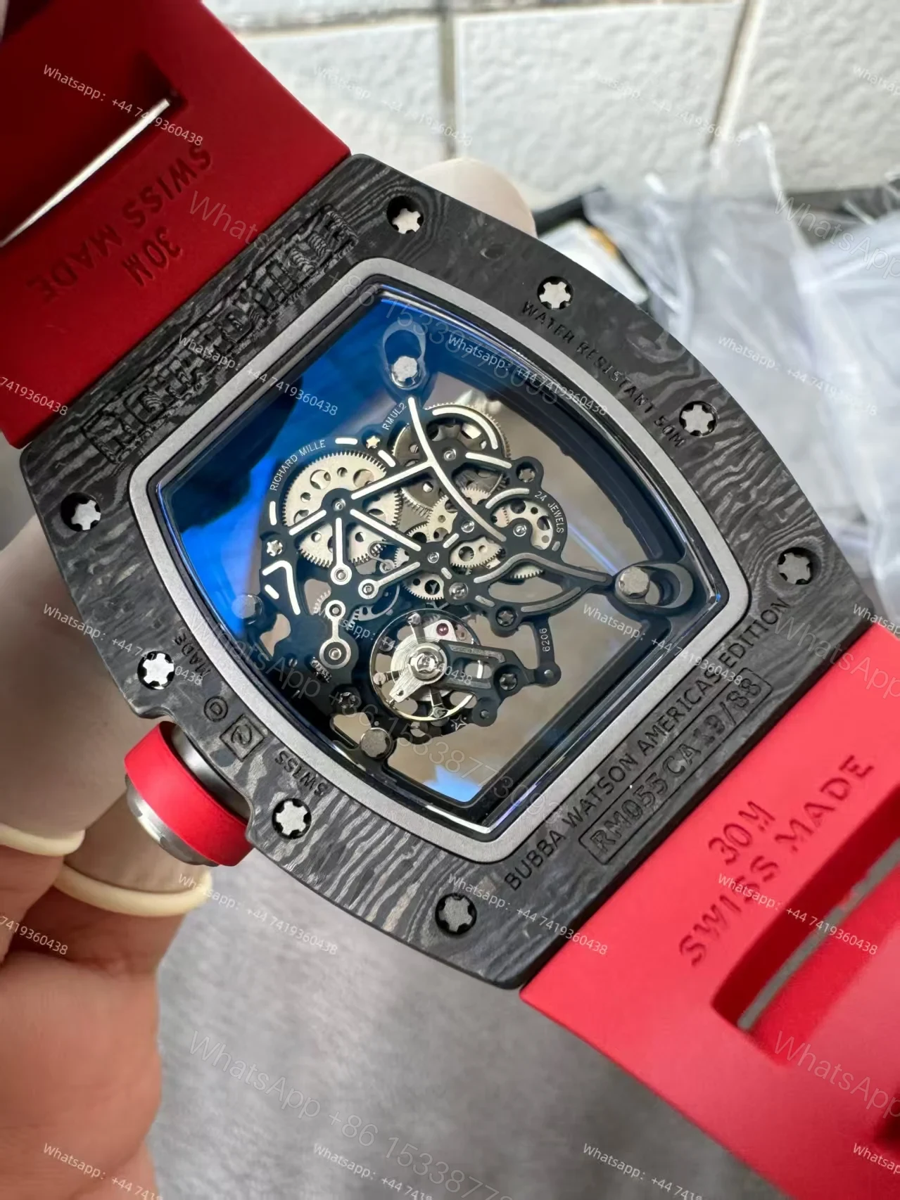 View 13 of Richard Mille RM 055 Carbon TPT Skeleton Vaucher Free-Sprung Movement Red Rubber Strap Custom Super Clone