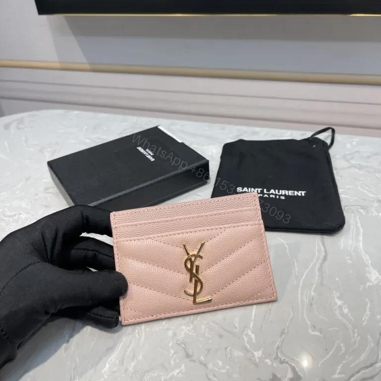 View 2 of Pink Chevron-Quilt Card Holder with YSL Logo, Calfskin Leather