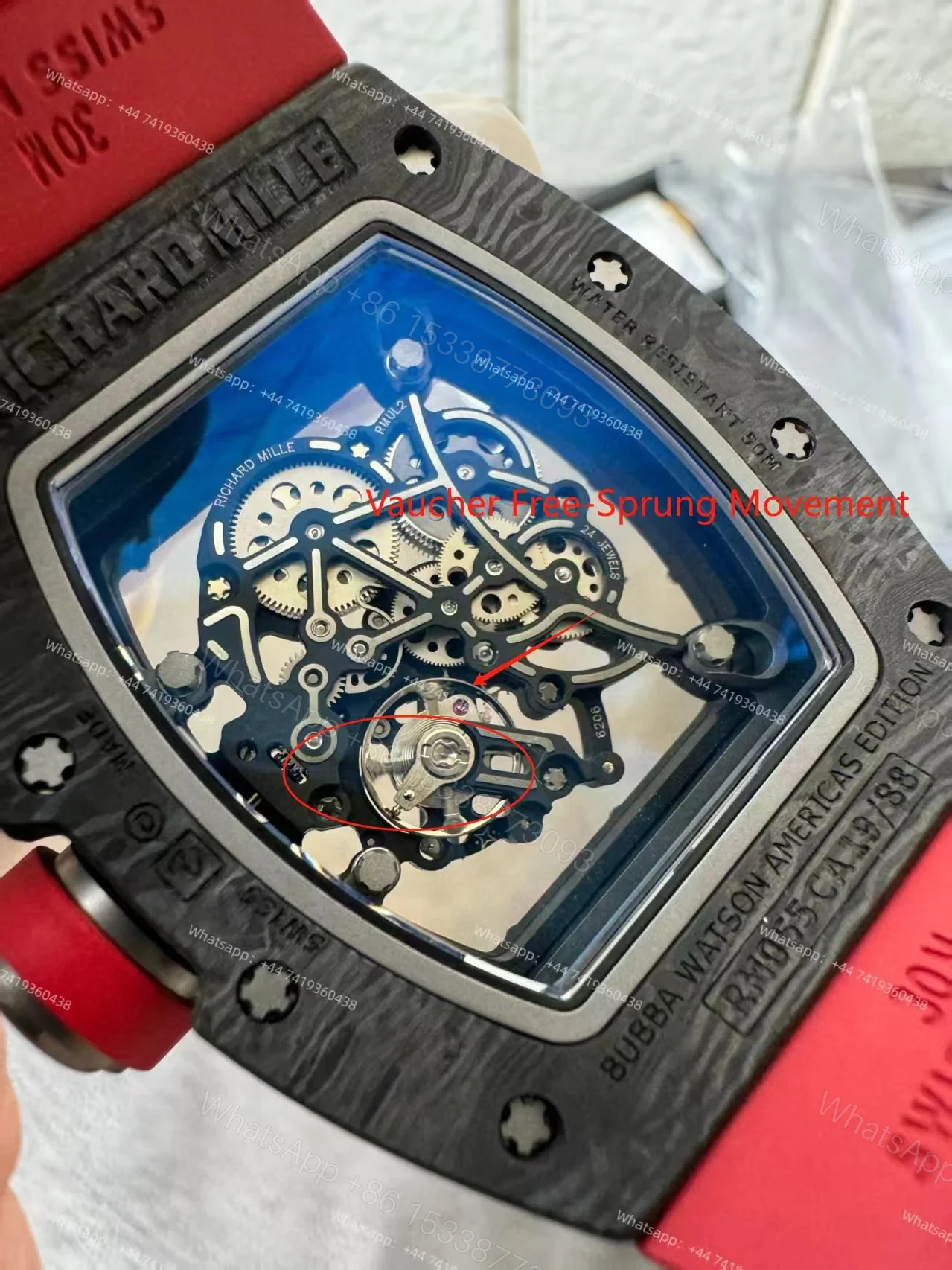 View 2 of Richard Mille RM 055 Carbon TPT Skeleton Vaucher Free-Sprung Movement Red Rubber Strap Custom Super Clone