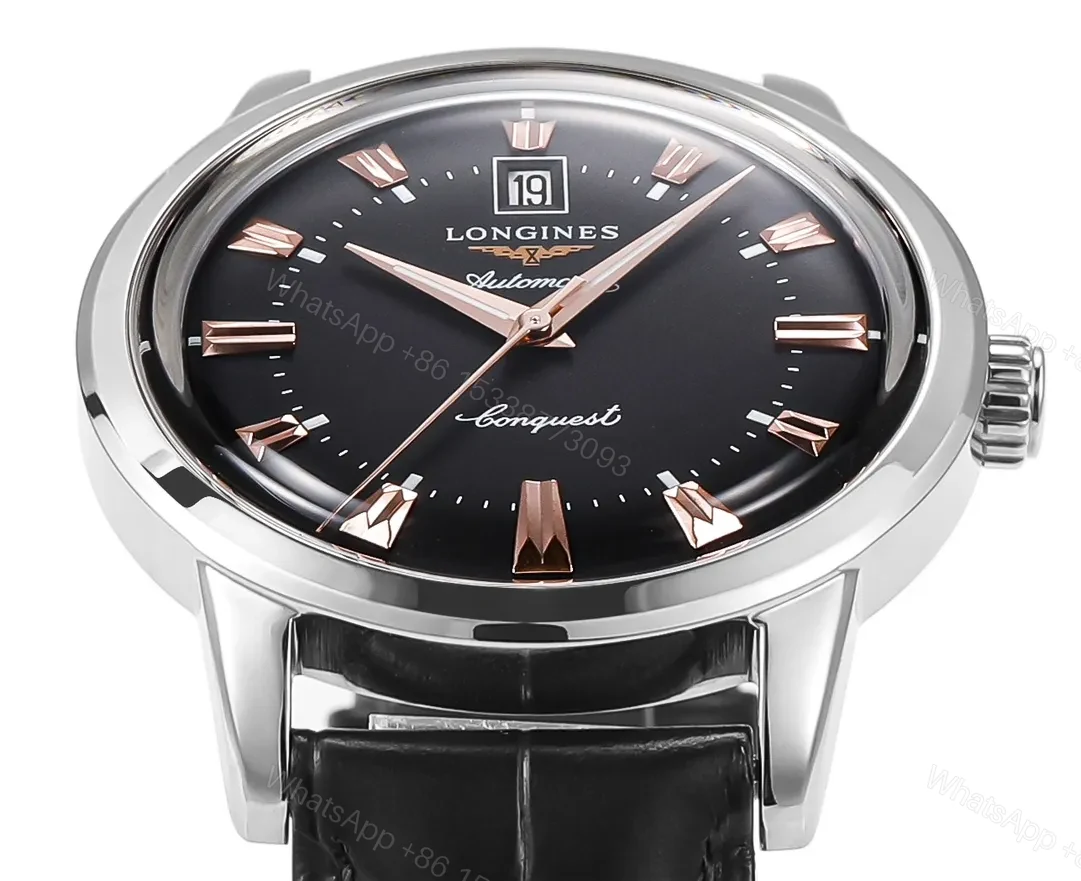 View 2 of Longines Conquest Classic Re Edition Cyclops Watch Black Dial with Gold Markers 40mm Stainless Steel Case Italian Leather Strap