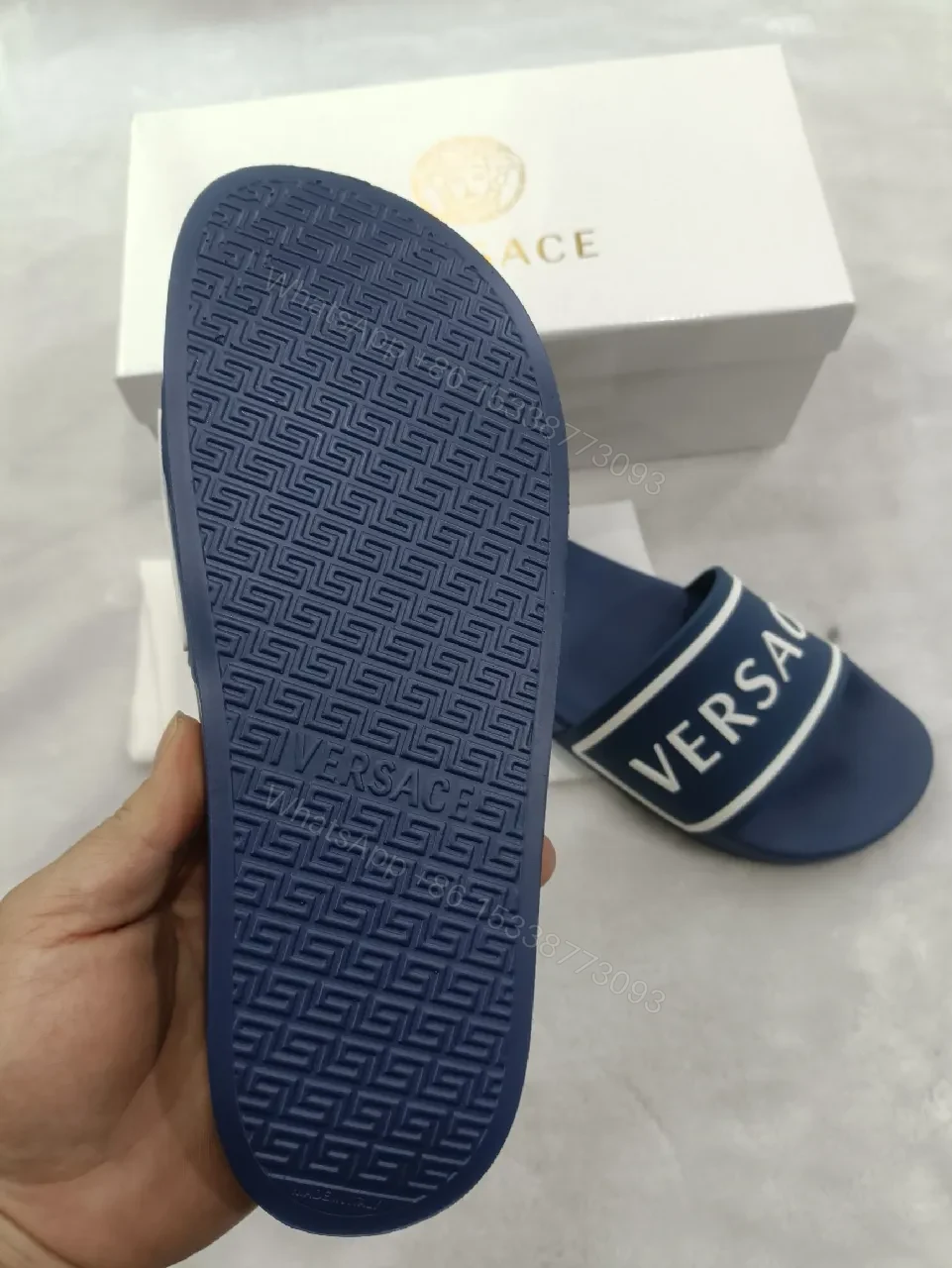 View 3 of Bold Navy Leather Slide: Luxe Logo Strap Comfort Slides