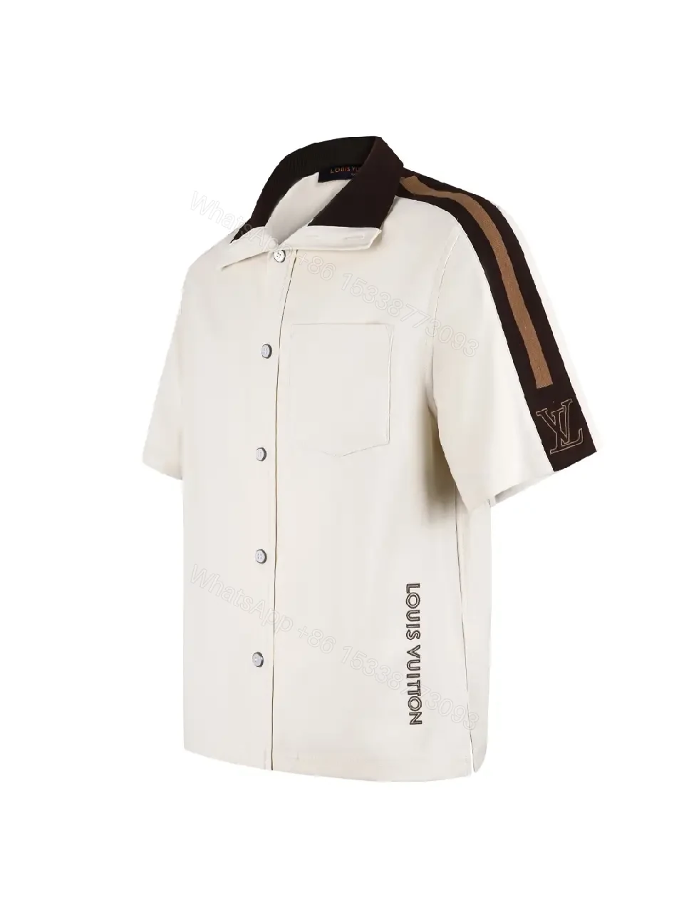 View 10 of Beige Cotton Shirt Jacket with Black Stripes, Louis Vuitton, Short Sleeve, Front Pocket, Classic Style