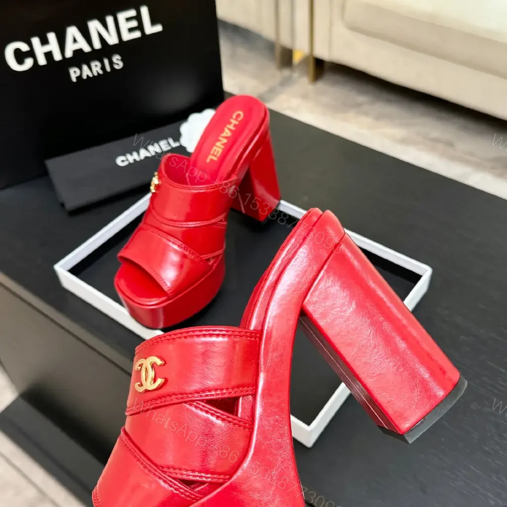 View 9 of Bold Red Patent Platform Mules with Luxe Logo Hardware