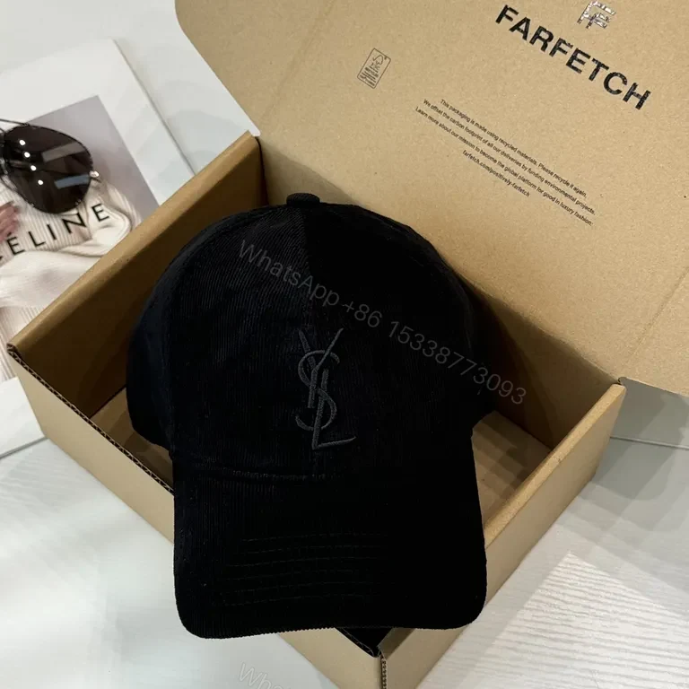 View 4 of Black Velvet Cap with YSL Monogram â€” Structured Luxury Cap