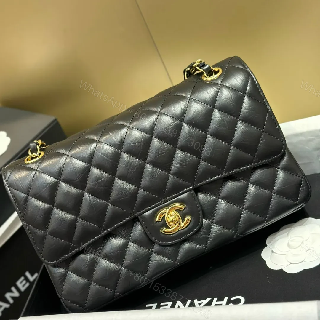 Chanel Classic Lock Gold With Black Wrinkled Skin Like Auth Handbags 25cm — view 1