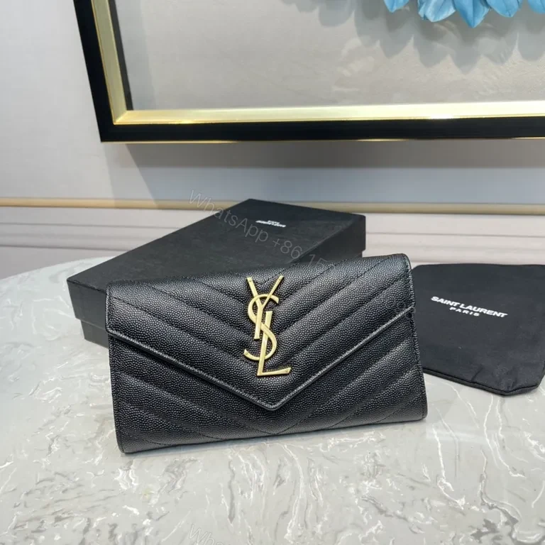 View 6 of Sleek Black Pebbled Leather Envelope Wallet - YSL Signature