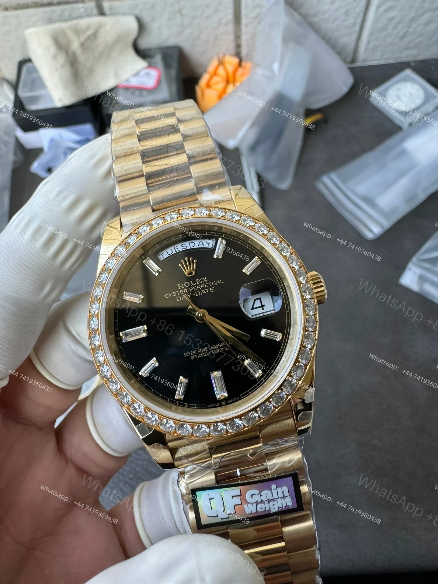 View 6 of Rolex Day-Date M228348RBR-0001 1:1 Replica Moissanite Diamond Bezel Black Dial 40MM 3255 Movement Super Clone Watch