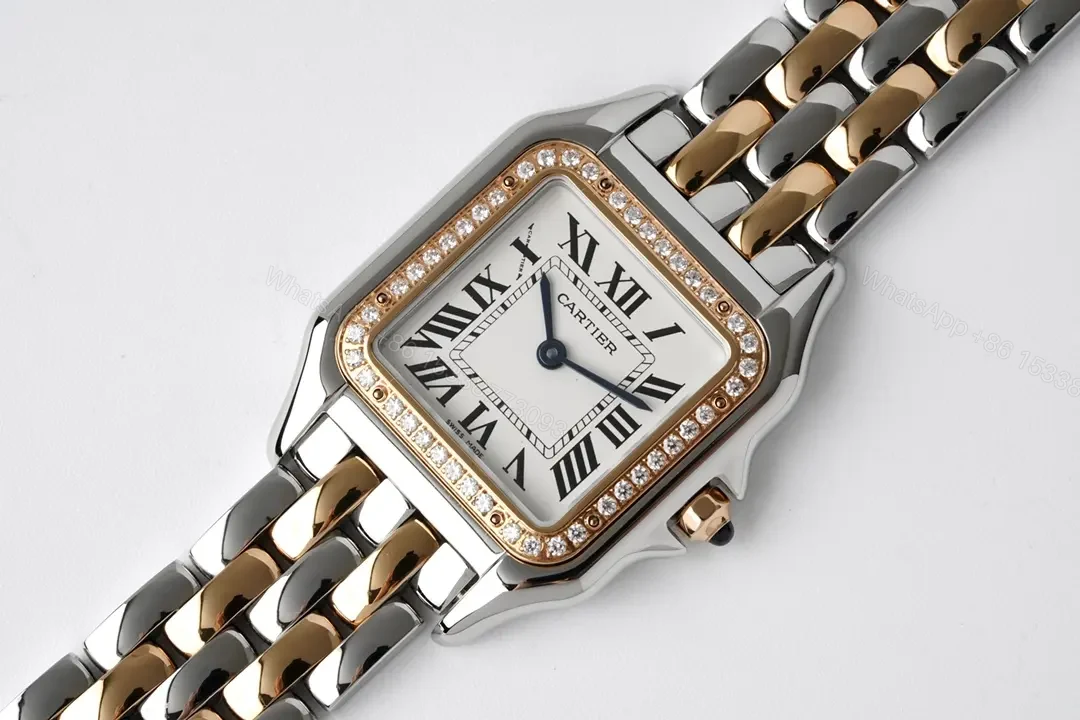 View 9 of JF Factory Cartier Panthère de Cartier Two-Tone Stainless Steel Watch with Diamond Bezel – 27x37mm Silver Dial, Blue Hands