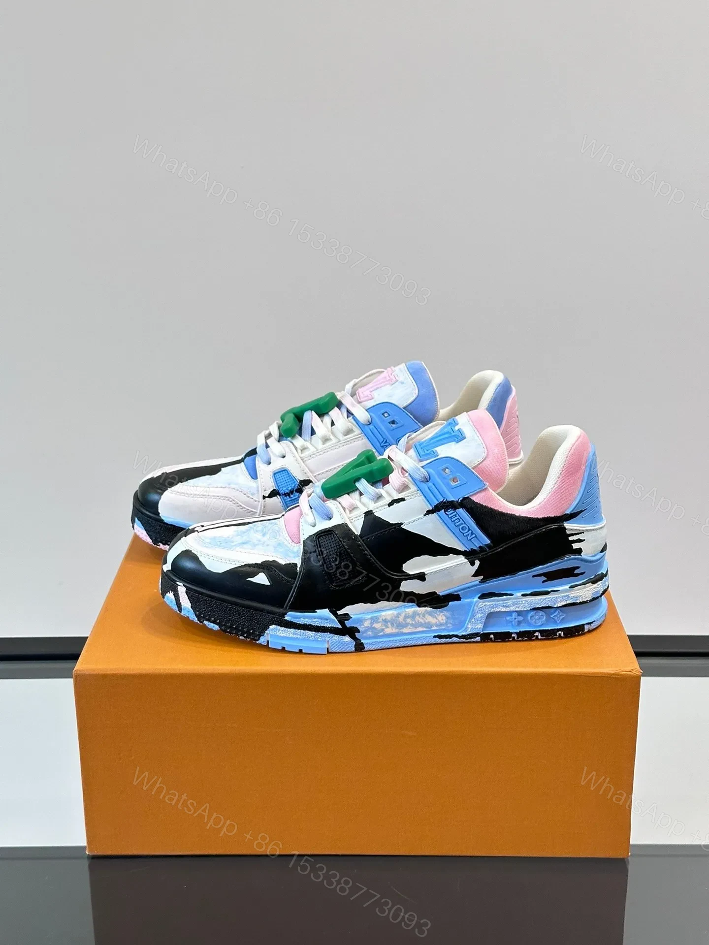 View 3 of LV Men White Pink Blue Leather Sneakers