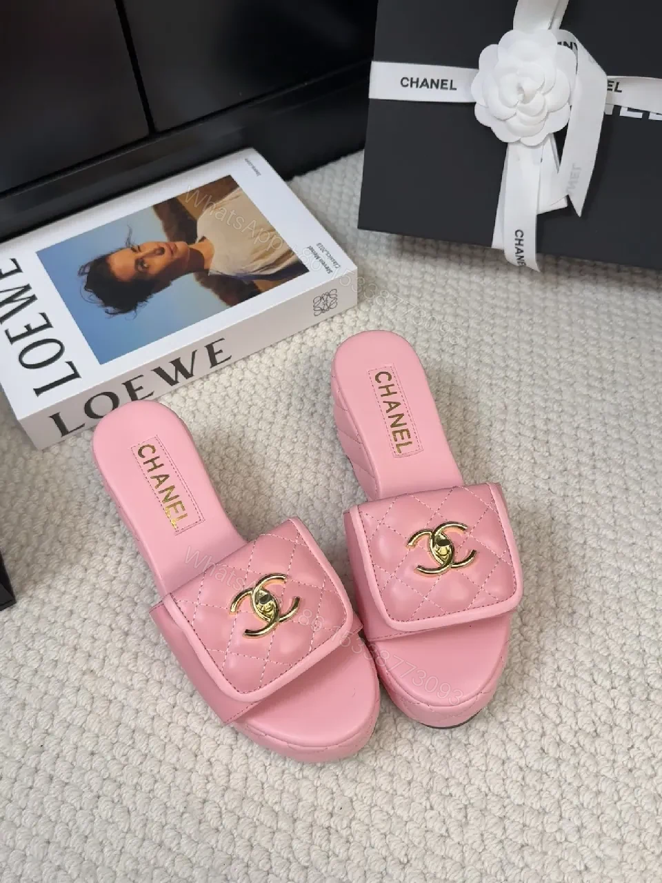 View 7 of Pink Quilted Sandals with Gold Logo: Chic Comfort Sandals