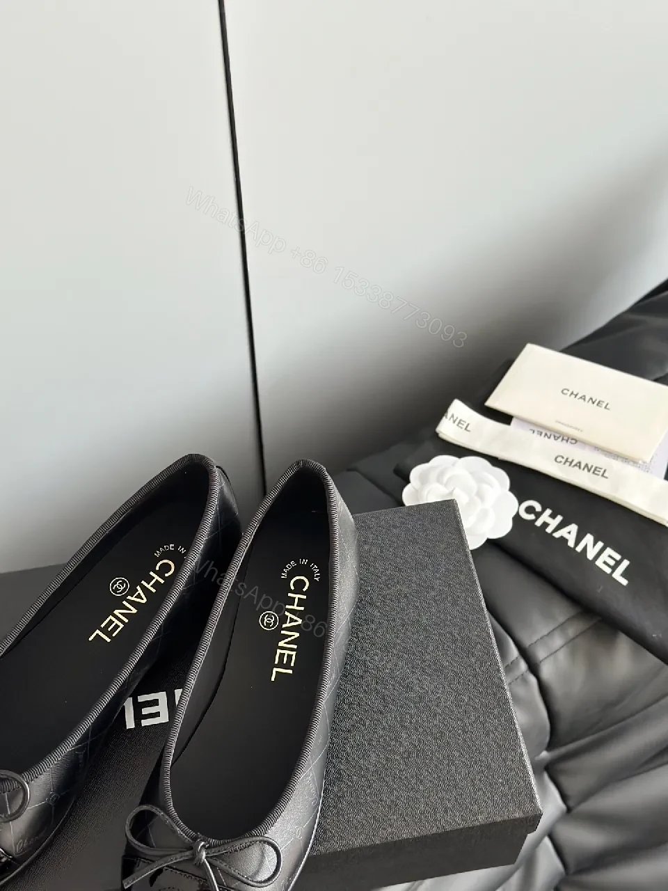 View 6 of Black Leather Ballet Flats with Patent Toe Cap, Subtle Shine