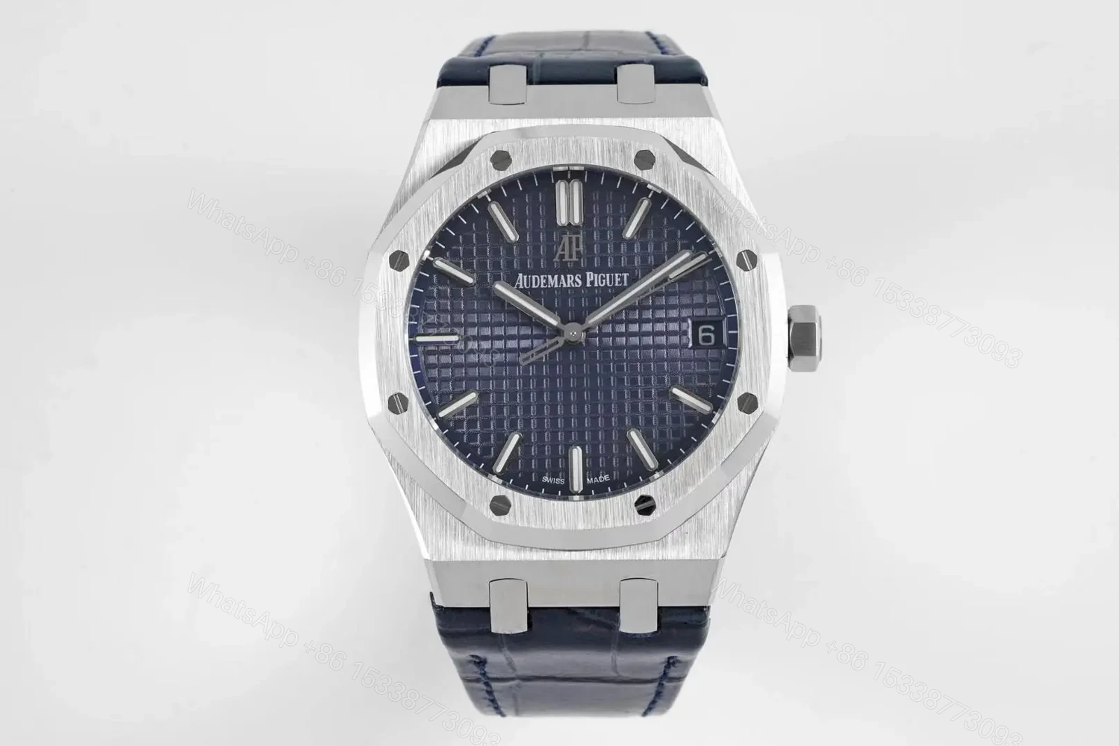 8F Factory Audemars Piguet Royal Oak 15500 Stainless Steel Watch with Blue Dial and Leather Strap — view 1