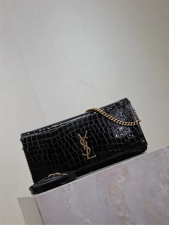 View 4 of Croc-Effect Black Leather Bag with Gold YSL Chain Strap